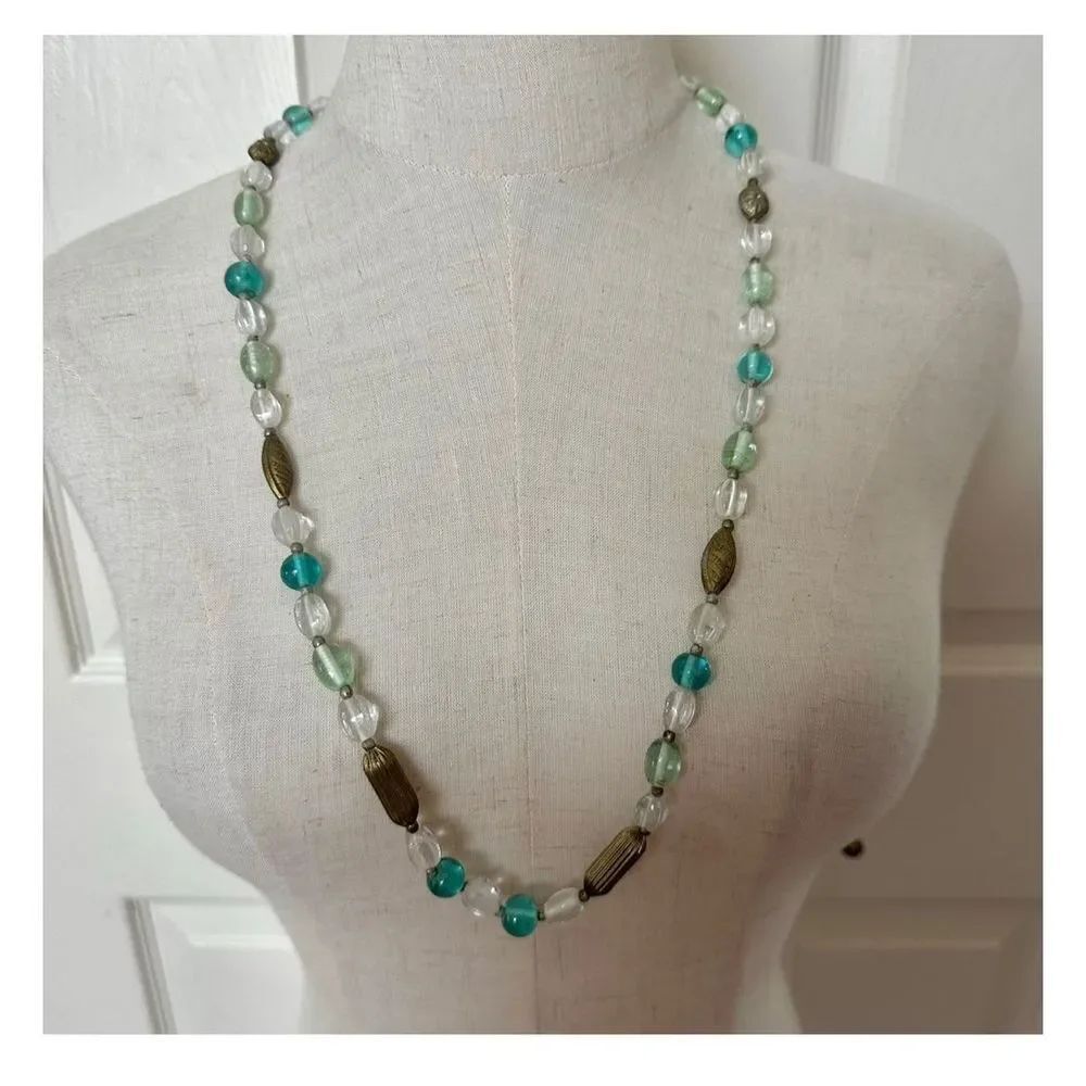 Blue and green glass beaded long vintage necklace